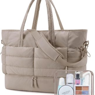 Large Travel Duffel Bag with Shoe Compartment, Puffer Carry-On Gym Weekender Bag for Women, Camel